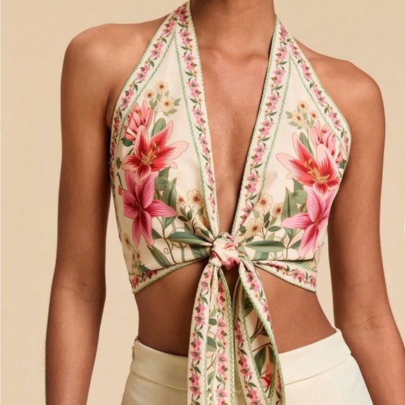 Brand New Women’s Floral Pink Cream Tie Halter Top Sleeveless - Picture 1 of 4